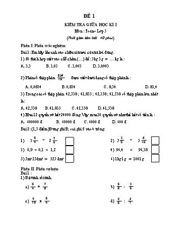 Bộ đề kiểm tra giữa học kì I môn Toán Lớp 5