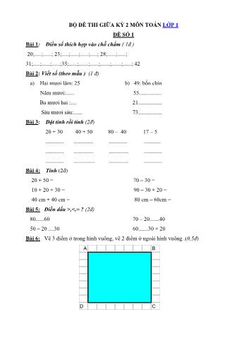 Bộ đề thi giữa kỳ 2 môn Toán học Lớp 1