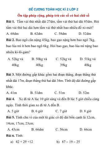 Đề cương học kì 2 môn Toán Lớp 2