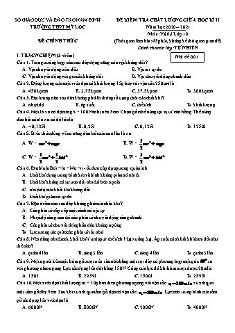 Đề kiểm tra chất lượng giữa học kì II môn Vật lý Lớp 10 - Năm học 2020-2021
