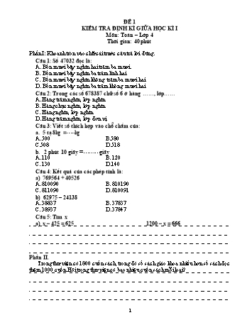 Đề kiểm tra định kì giữa học kì I môn Toán Lớp 4