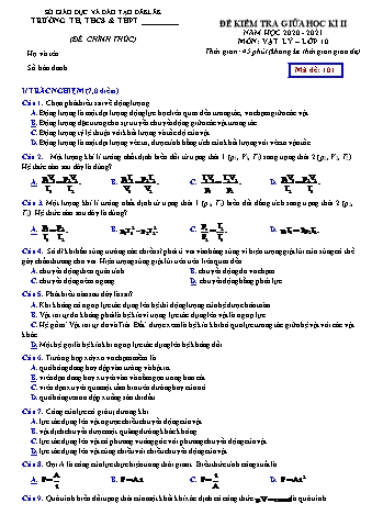 Đề kiểm tra giữa học kì II môn Vật lý Lớp 10 - Năm học 2020-2021 (Có đáp án)