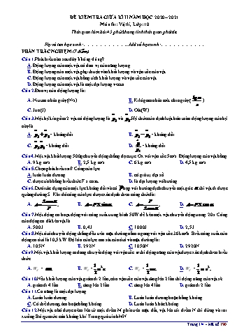 Đề kiểm tra giữa kì II môn Vật lí 10 - Năm học 2020-2021 (Có đáp án)
