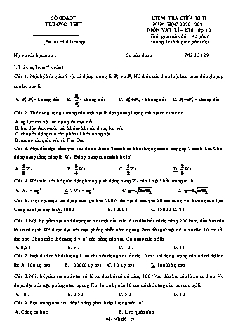 Đề kiểm tra giữa kì II môn Vật lí Khối lớp 10 - Năm học 2020-2021 (Có đáp án)
