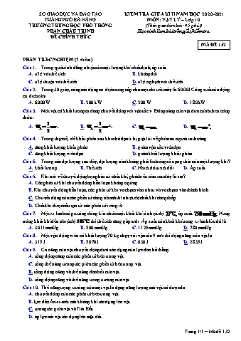 Đề kiểm tra giữa kì II môn Vật Lý Lớp 10 - Năm học 2020-2021 (Có đáp án)