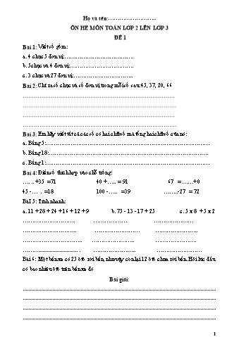 Đề ôn hè môn Toán Lớp 2 lên Lớp 3
