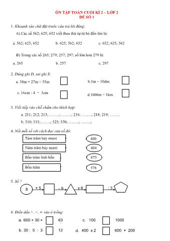 Đề ôn tập toán cuối kì 2 Lớp 2