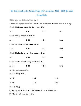Đề thi giữa học kì 2 môn Toán Lớp 1 Sách Cánh Diều - Đề số 1 - Năm học 2020-2021