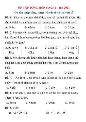 Tổng ôn tập hè Toán lớp 2 lên lớp 3