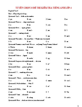 Tuyển chọn 20 đề thi kiểm tra Tiếng Anh Lớp 4