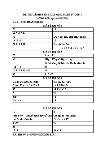 Đề thi toán violympic Lớp 2 - Vòng 8 - Năm 2019-2020