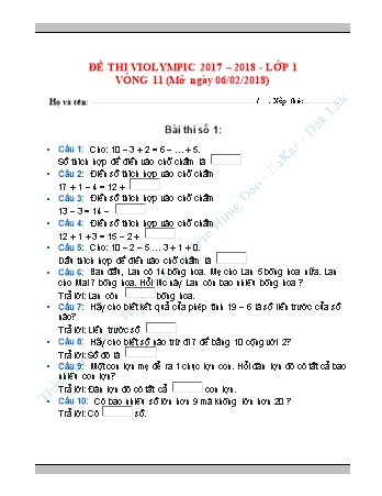 Đề thi violympic Lớp 1 - Vòng 11 - Năm 2017-2018