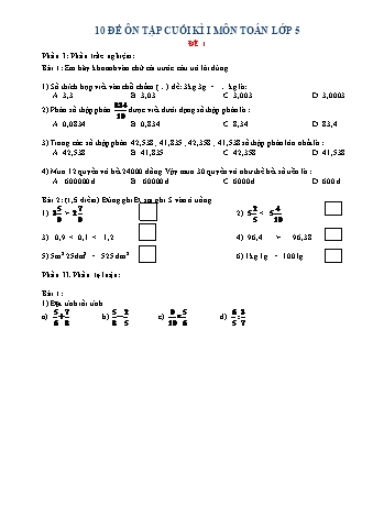 10 đề ôn tập cuối kì I môn Toán Lớp 5