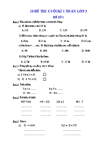 10 đề thi cuối kì 1 Toán Lớp 3