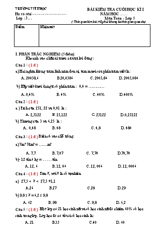 Bài kiểm tra cuối học kì I môn Toán Lớp 5 (Có đáp án)