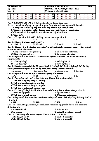 Bài kiểm tra giữa kì I môn Hóa 10 - Năm học 2021-2022