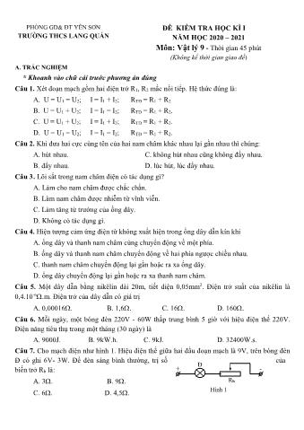 Bài kiểm tra học kì 1 Vật lí Lớp 9 - Năm học 2020-2021 - Trường THCS Lang Quán (Có hướng dẫn chấm)