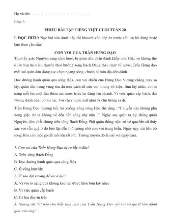 Bài tập cuối tuần môn Tiếng Việt Lớp 3 - Tuần 20