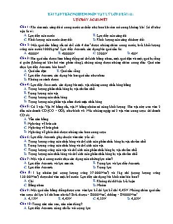 Bài tập trắc nghiệm Vật lí Lớp 8 - Bài 10: Lực đẩy Ác-si-mét (Có đáp án)