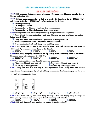 Bài tập trắc nghiệm Vật lí Lớp 8 - Bài 8: Áp suất chất lỏng (Có đáp án)