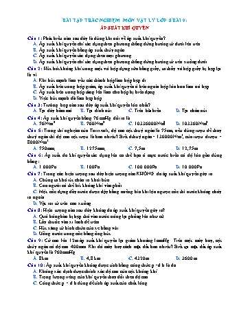 Bài tập trắc nghiệm Vật lí Lớp 8 - Bài 9: Áp suất khí quyển (Có đáp án)