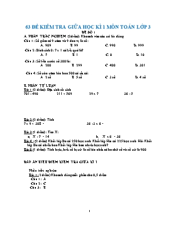 Bộ 63 đề kiểm tra giữa học kì 1 môn Toán Lớp 3