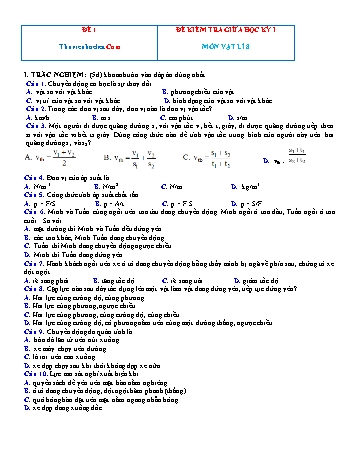 Bộ đề kiểm tra giữa học kì 1 Vật lí Lớp 8 (Có đáp án)