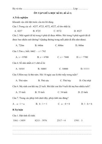 Bộ đề ôn tập toán giữa kì 2 môn Toán Lớp 3