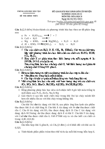 Đề giao lưu học sinh giỏi cấp huyện Hóa học Lớp 8 - Năm học 2020-2021