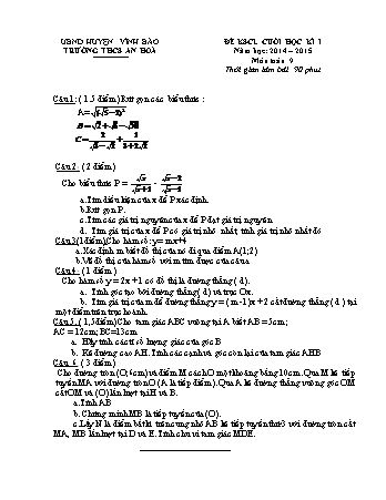 Đề khảo sát chất lượng cuối học kì I môn Toán 9 - Năm học 2014-2015 - Trường THCS An Hoà (Kèm hướng dẫn chấm)