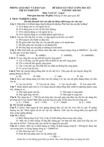 Đề khảo sát chất lượng học kì 1 Vật lí Khối 8 - Năm học 2020-2021 (Có hướng dẫn chấm)