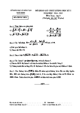 Đề khảo sát chất lượng học kỳ I môn Toán Lớp 9 - Năm học 2014-2015