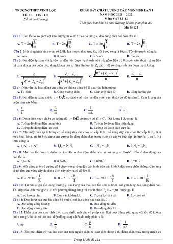 Đề khảo sát chất lượng lần 1 môn Vật lí 12 - Năm học 2021-2022
