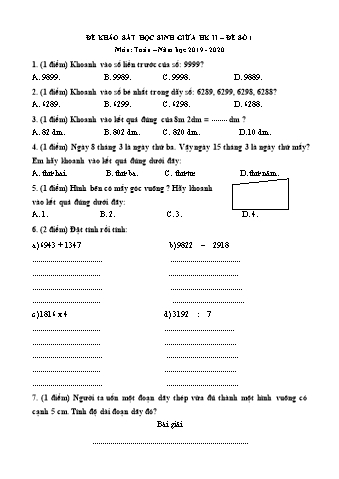 Đề khảo sát học sinh giữa học kì II môn Toán 3 - Năm học 2019-2020