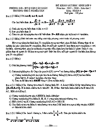 Đề khảo sát học sinh môn Toán 9 - Năm học 2015-2016 -Trường THCS Nghĩa Tân