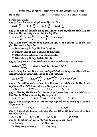 Đề kiểm tra 45 phút Vật lí Lớp 9 - Năm học 2018-2019 (Có hướng dẫn chấm)