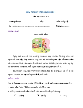 Đề kiểm tra chất lượng cuối học kì 1 Tiếng Việt Lớp 1 Sách Chân trời sáng tạo - Đề 3 - Năm học 2020-2021