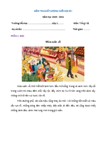 Đề kiểm tra chất lượng cuối học kì 1 Tiếng Việt Lớp 1 Sách Kết nối tri thức với cuộc sống - Đề 1 - Năm học 2020-2021