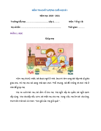 Đề kiểm tra chất lượng cuối học kì 1 Tiếng Việt Lớp 1 Sách Kết nối tri thức với cuộc sống - Đề 2 - Năm học 2020-2021