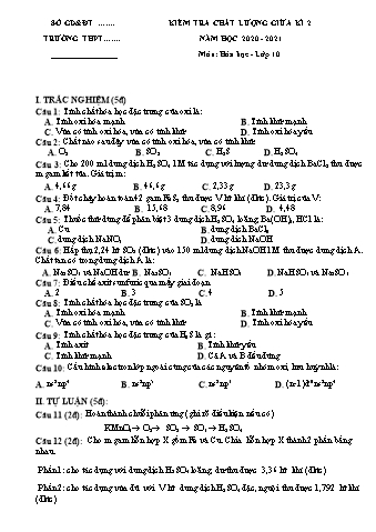 Đề kiểm tra chất lượng giữa học kì 2 Hóa học Khối 10 - Năm học 2020-2021