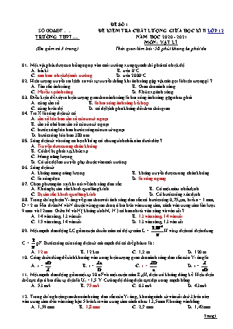 Đề kiểm tra chất lượng giữa học kì 2 Vật lí Lớp 12 - Năm học 2020-2021 (Có đáp án)