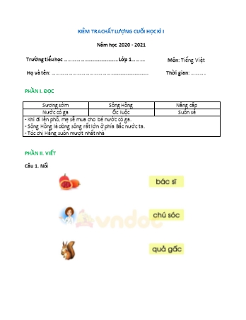 Đề kiểm tra chất lượng học kì 1 Tiếng Việt Lớp 1 Sách Cánh diều - Đề 1 - Năm học 2020-2021