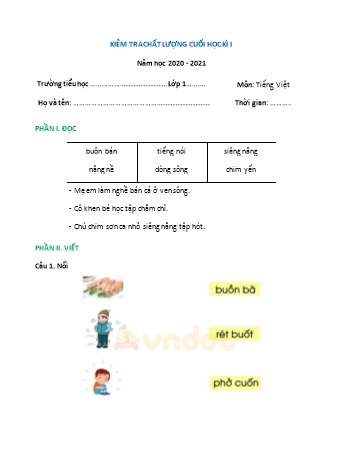 Đề kiểm tra chất lượng học kì 1 Tiếng Việt Lớp 1 Sách Cánh diều - Đề 4 - Năm học 2020-2021