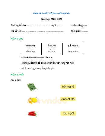 Đề kiểm tra chất lượng học kì 1 Tiếng Việt Lớp 1 Sách Cánh diều - Đề 3 - Năm học 2020-2021