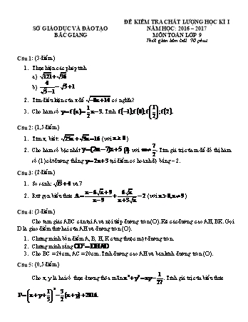Đề kiểm tra chất lượng học kì I môn Toán 9 - Năm học 2016-2017 - Sở GD và ĐT Bắc Giang