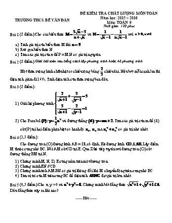 Đề kiểm tra chất lượng môn Toán 9 - Năm học 2015-2016 - Trường THCS Bế Văn Đàn
