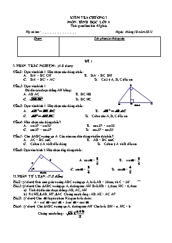 Đề kiểm tra chương I môn Hình học Lớp 9