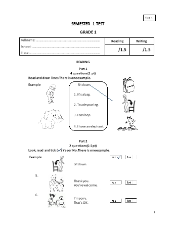 Đề kiểm tra cuối học kì 1 Tiếng Anh Lớp 1 - Phần: Reading and Writing - Năm học 2020-2021
