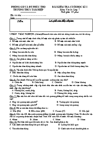 Đề kiểm tra cuối học kì 1 Vật lí Lớp 7 - Trường THCS Tam Hiệp