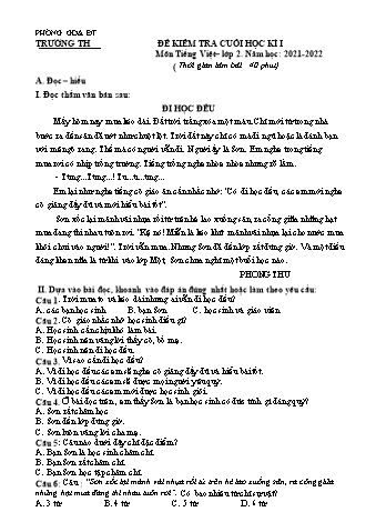 Đề kiểm tra cuối học kì I môn Tiếng Việt Lớp 2 - Năm học 2021-2022